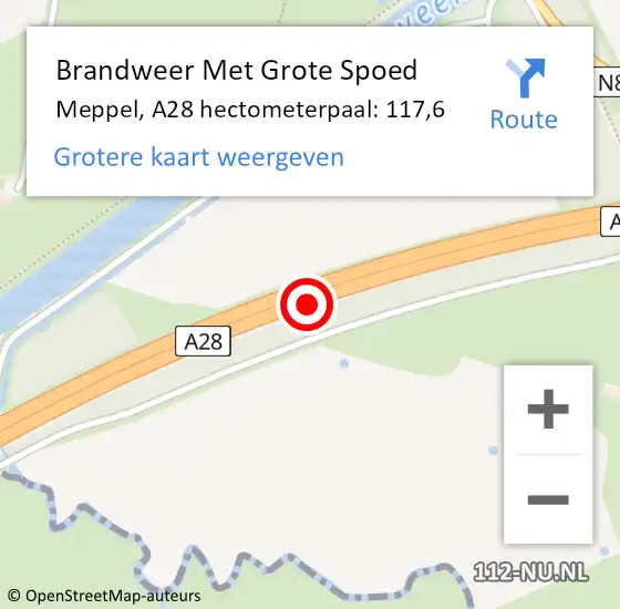 Locatie op kaart van de 112 melding: Brandweer Met Grote Spoed Naar Meppel, A28 hectometerpaal: 117,6 op 21 november 2024 13:51