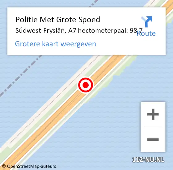 Locatie op kaart van de 112 melding: Politie Met Grote Spoed Naar Súdwest-Fryslân, A7 hectometerpaal: 98,7 op 21 november 2024 16:01