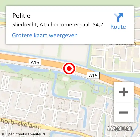 Locatie op kaart van de 112 melding: Politie Sliedrecht, A15 hectometerpaal: 84,2 op 21 november 2024 16:18