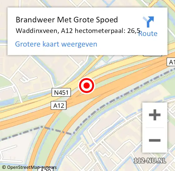 Locatie op kaart van de 112 melding: Brandweer Met Grote Spoed Naar Waddinxveen, A12 hectometerpaal: 26,5 op 21 november 2024 16:48