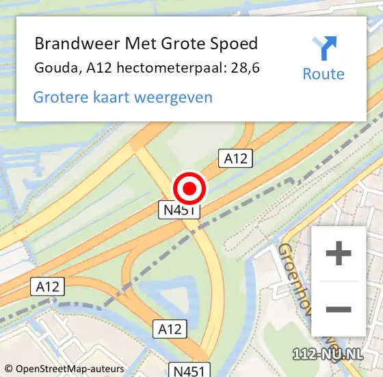 Locatie op kaart van de 112 melding: Brandweer Met Grote Spoed Naar Gouda, A12 hectometerpaal: 28,6 op 21 november 2024 17:07