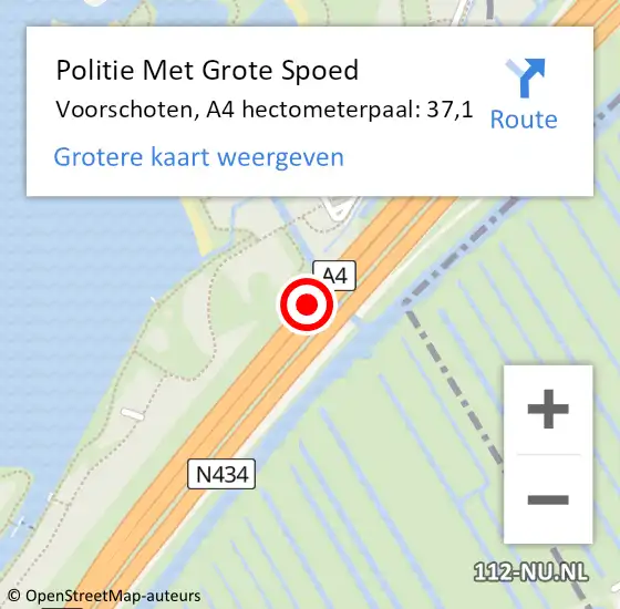 Locatie op kaart van de 112 melding: Politie Met Grote Spoed Naar Voorschoten, A4 hectometerpaal: 37,1 op 21 november 2024 17:28