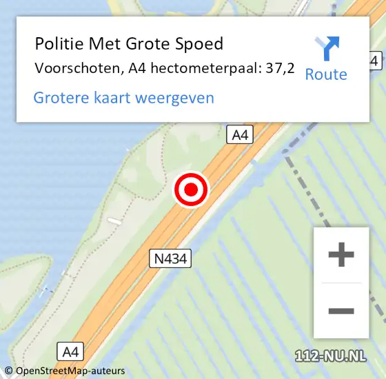 Locatie op kaart van de 112 melding: Politie Met Grote Spoed Naar Voorschoten, A4 hectometerpaal: 37,2 op 21 november 2024 17:28