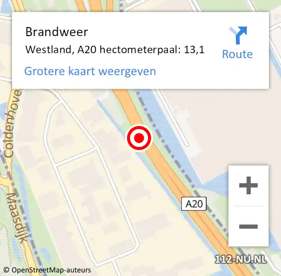 Locatie op kaart van de 112 melding: Brandweer Westland, A20 hectometerpaal: 13,1 op 21 november 2024 17:34