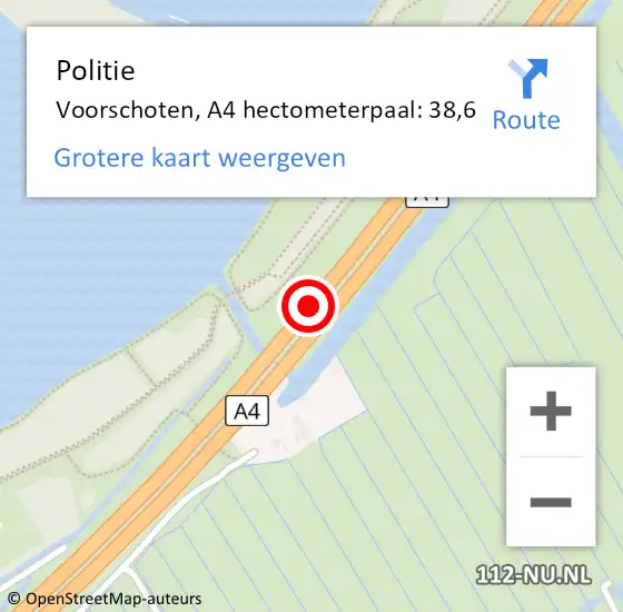 Locatie op kaart van de 112 melding: Politie Voorschoten, A4 hectometerpaal: 38,6 op 21 november 2024 17:37