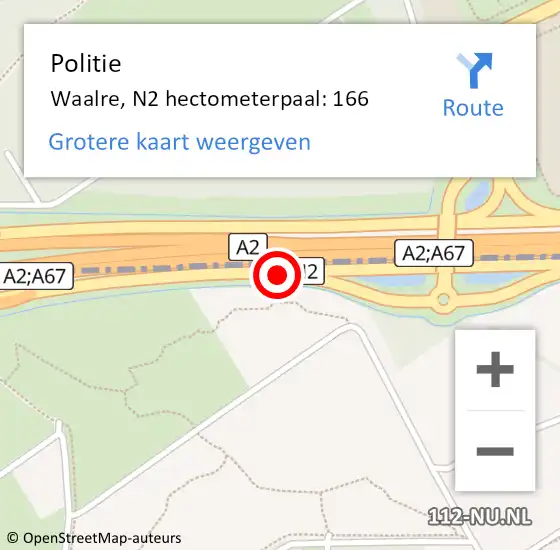 Locatie op kaart van de 112 melding: Politie Waalre, N2 hectometerpaal: 166 op 21 november 2024 17:43