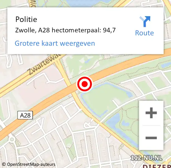 Locatie op kaart van de 112 melding: Politie Zwolle, A28 hectometerpaal: 94,7 op 21 november 2024 17:58