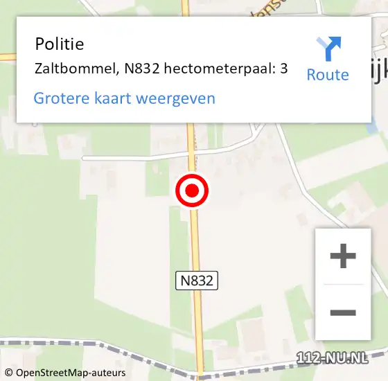 Locatie op kaart van de 112 melding: Politie Zaltbommel, N832 hectometerpaal: 3 op 21 november 2024 18:06