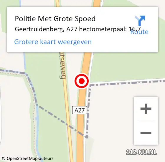 Locatie op kaart van de 112 melding: Politie Met Grote Spoed Naar Geertruidenberg, A27 hectometerpaal: 16,7 op 21 november 2024 18:32