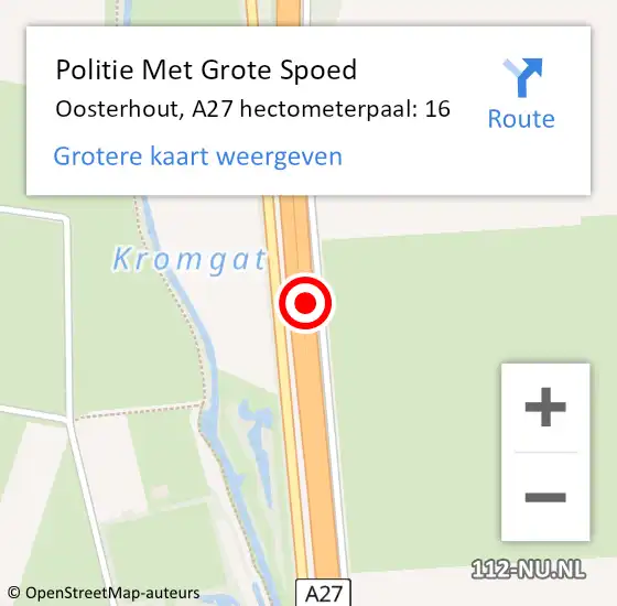 Locatie op kaart van de 112 melding: Politie Met Grote Spoed Naar Oosterhout, A27 hectometerpaal: 16 op 21 november 2024 18:36