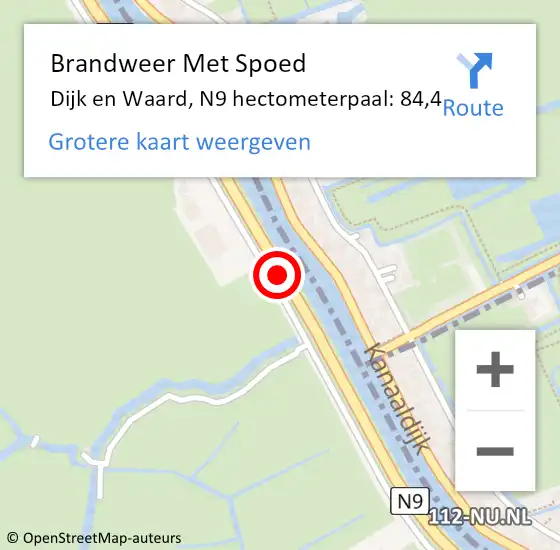 Locatie op kaart van de 112 melding: Brandweer Met Spoed Naar Dijk en Waard, N9 hectometerpaal: 84,4 op 21 november 2024 23:29