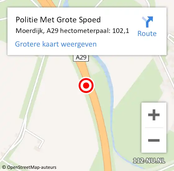 Locatie op kaart van de 112 melding: Politie Met Grote Spoed Naar Moerdijk, A29 hectometerpaal: 102,1 op 22 november 2024 01:56