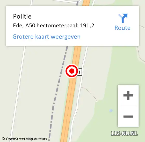 Locatie op kaart van de 112 melding: Politie Ede, A50 hectometerpaal: 191,2 op 22 november 2024 02:07