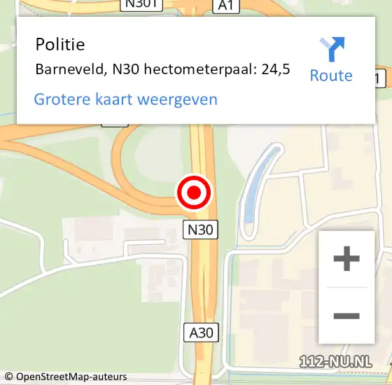 Locatie op kaart van de 112 melding: Politie Barneveld, N30 hectometerpaal: 24,5 op 22 november 2024 02:33