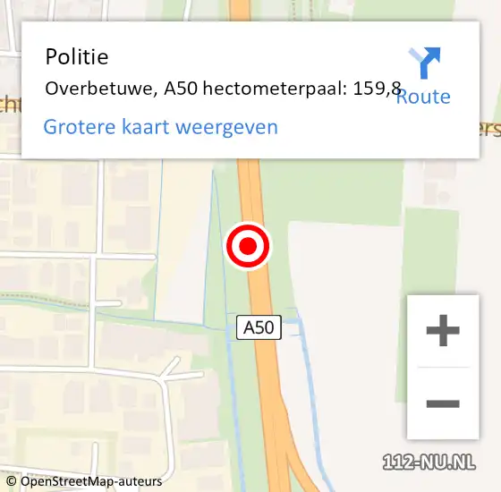 Locatie op kaart van de 112 melding: Politie Overbetuwe, A50 hectometerpaal: 159,8 op 22 november 2024 05:40