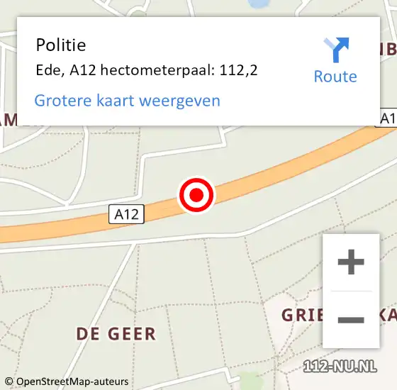 Locatie op kaart van de 112 melding: Politie Ede, A12 hectometerpaal: 112,2 op 22 november 2024 05:59