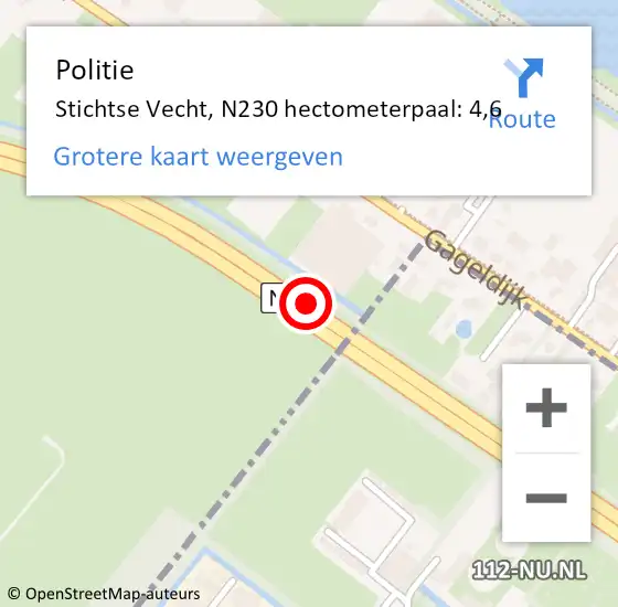 Locatie op kaart van de 112 melding: Politie Stichtse Vecht, N230 hectometerpaal: 4,6 op 22 november 2024 06:08