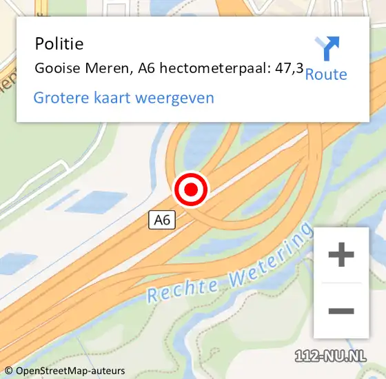 Locatie op kaart van de 112 melding: Politie Gooise Meren, A6 hectometerpaal: 47,3 op 22 november 2024 07:36