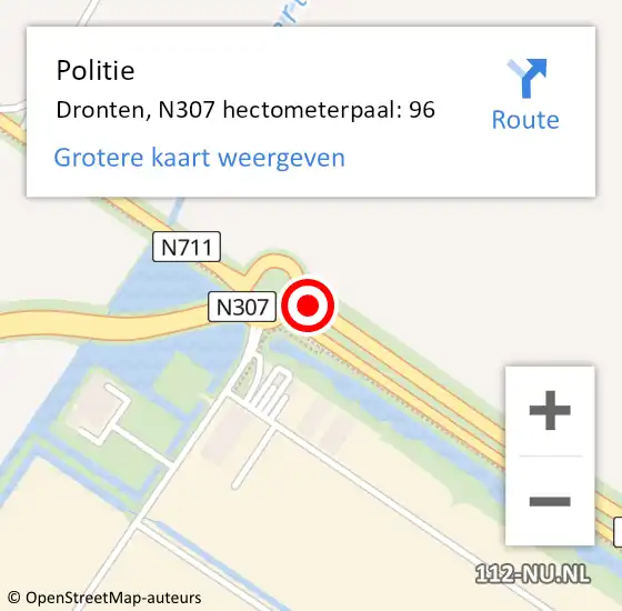 Locatie op kaart van de 112 melding: Politie Dronten, N307 hectometerpaal: 96 op 22 november 2024 09:54