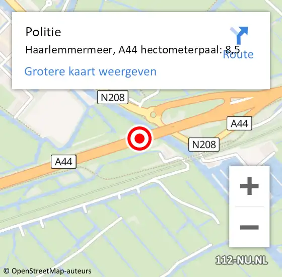 Locatie op kaart van de 112 melding: Politie Haarlemmermeer, A44 hectometerpaal: 8,5 op 22 november 2024 10:27