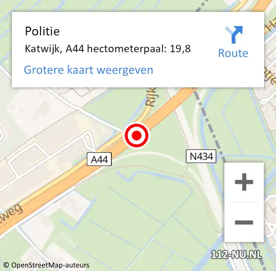 Locatie op kaart van de 112 melding: Politie Katwijk, A44 hectometerpaal: 19,8 op 22 november 2024 10:33