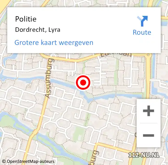 Locatie op kaart van de 112 melding: Politie Dordrecht, Lyra op 22 november 2024 10:56