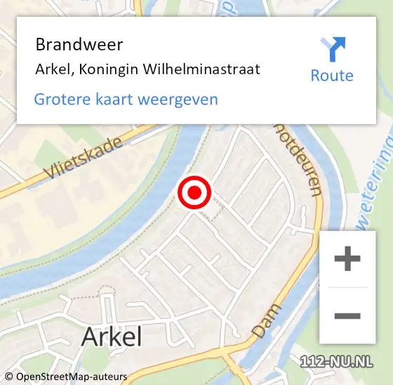 Locatie op kaart van de 112 melding: Brandweer Arkel, Koningin Wilhelminastraat op 22 november 2024 12:37