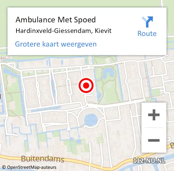 Locatie op kaart van de 112 melding: Ambulance Met Spoed Naar Hardinxveld-Giessendam, Kievit op 22 november 2024 12:43