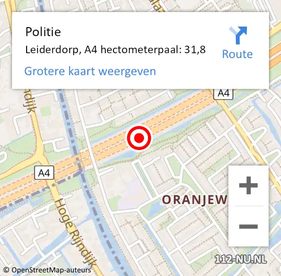 Locatie op kaart van de 112 melding: Politie Leiderdorp, A4 hectometerpaal: 31,8 op 22 november 2024 13:23