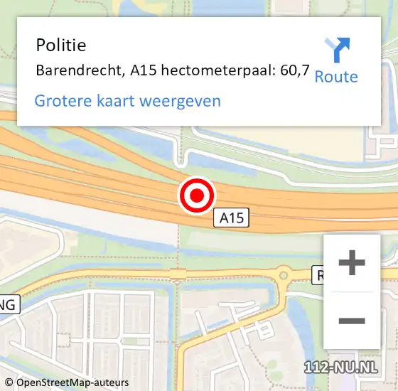 Locatie op kaart van de 112 melding: Politie Barendrecht, A15 hectometerpaal: 60,7 op 22 november 2024 13:47