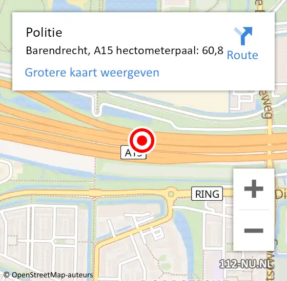 Locatie op kaart van de 112 melding: Politie Barendrecht, A15 hectometerpaal: 60,8 op 22 november 2024 13:47