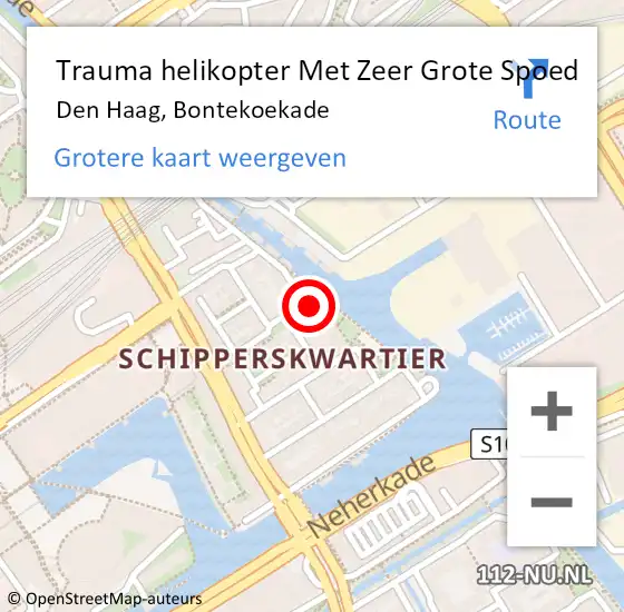 Locatie op kaart van de 112 melding: Trauma helikopter Met Zeer Grote Spoed Naar Den Haag, Bontekoekade op 22 november 2024 14:22