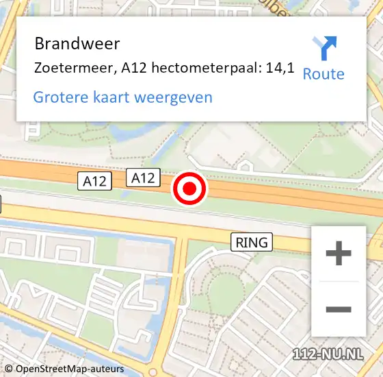 Locatie op kaart van de 112 melding: Brandweer Zoetermeer, A12 hectometerpaal: 14,1 op 22 november 2024 14:55