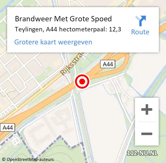 Locatie op kaart van de 112 melding: Brandweer Met Grote Spoed Naar Teylingen, A44 hectometerpaal: 12,3 op 22 november 2024 15:54