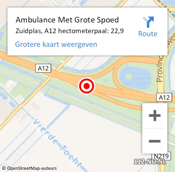 Locatie op kaart van de 112 melding: Ambulance Met Grote Spoed Naar Zuidplas, A12 hectometerpaal: 22,9 op 22 november 2024 18:26