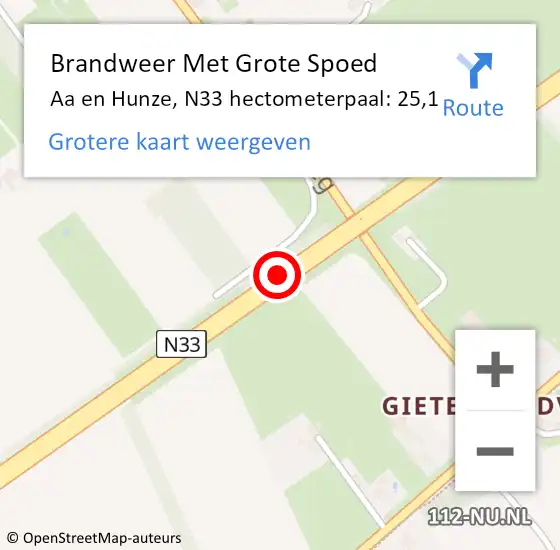 Locatie op kaart van de 112 melding: Brandweer Met Grote Spoed Naar Aa en Hunze, N33 hectometerpaal: 25,1 op 22 november 2024 18:32