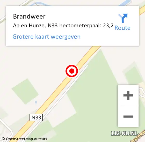 Locatie op kaart van de 112 melding: Brandweer Aa en Hunze, N33 hectometerpaal: 23,2 op 22 november 2024 18:42