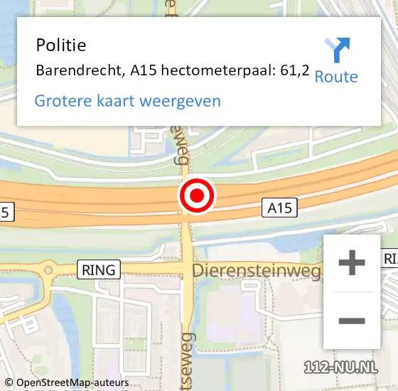 Locatie op kaart van de 112 melding: Politie Barendrecht, A15 hectometerpaal: 61,2 op 22 november 2024 19:34