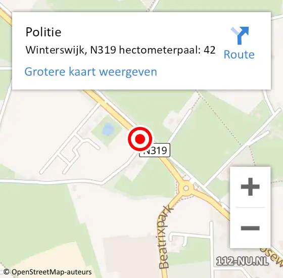 Locatie op kaart van de 112 melding: Politie Winterswijk, N319 hectometerpaal: 42 op 22 november 2024 19:35