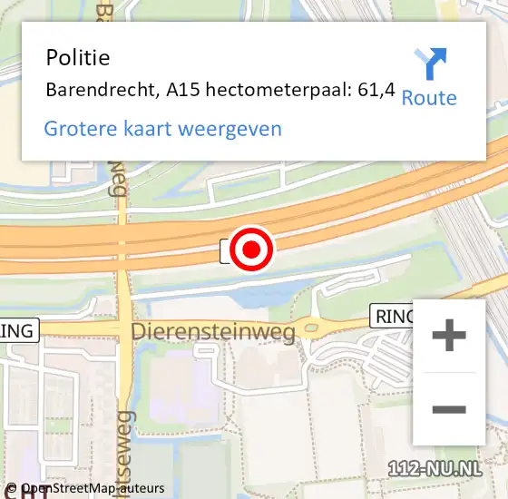 Locatie op kaart van de 112 melding: Politie Barendrecht, A15 hectometerpaal: 61,4 op 22 november 2024 19:38