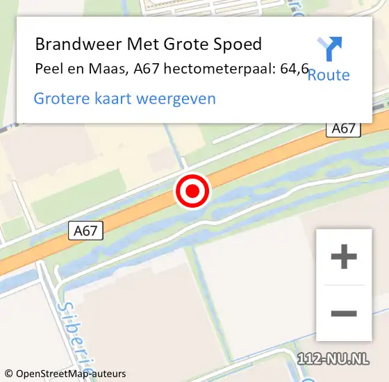 Locatie op kaart van de 112 melding: Brandweer Met Grote Spoed Naar Peel en Maas, A67 hectometerpaal: 64,6 op 22 november 2024 20:12