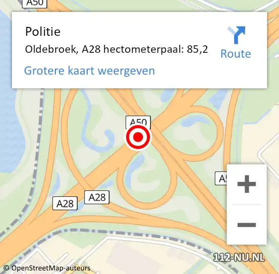 Locatie op kaart van de 112 melding: Politie Oldebroek, A28 hectometerpaal: 85,2 op 22 november 2024 20:27