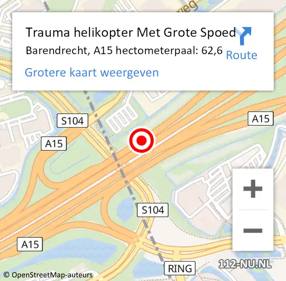 Locatie op kaart van de 112 melding: Trauma helikopter Met Grote Spoed Naar Barendrecht, A15 hectometerpaal: 62,6 op 22 november 2024 20:36