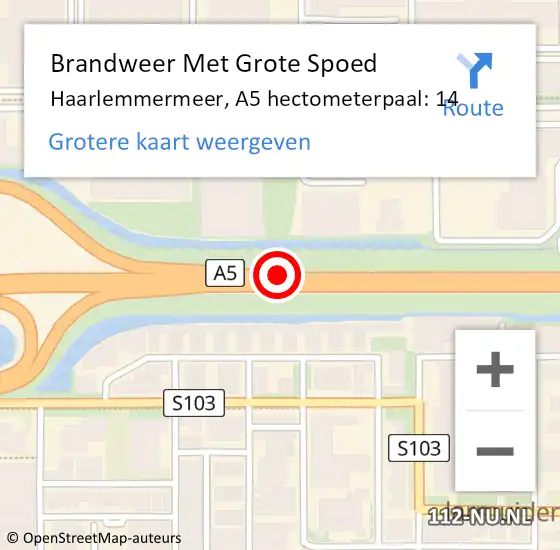 Locatie op kaart van de 112 melding: Brandweer Met Grote Spoed Naar Haarlemmermeer, A5 hectometerpaal: 14 op 22 november 2024 21:21