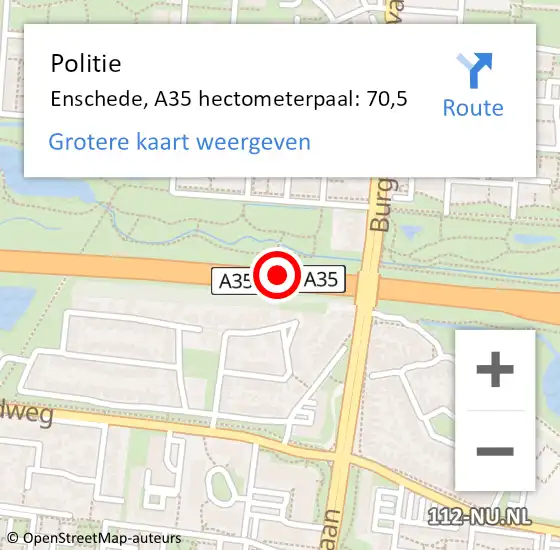 Locatie op kaart van de 112 melding: Politie Enschede, A35 hectometerpaal: 70,5 op 22 november 2024 21:21