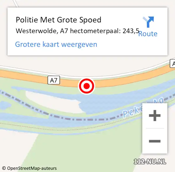 Locatie op kaart van de 112 melding: Politie Met Grote Spoed Naar Westerwolde, A7 hectometerpaal: 243,5 op 22 november 2024 23:07