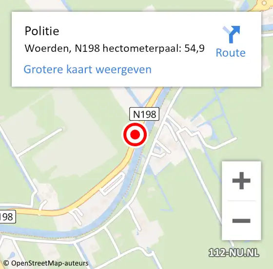 Locatie op kaart van de 112 melding: Politie Woerden, N198 hectometerpaal: 54,9 op 22 november 2024 23:25