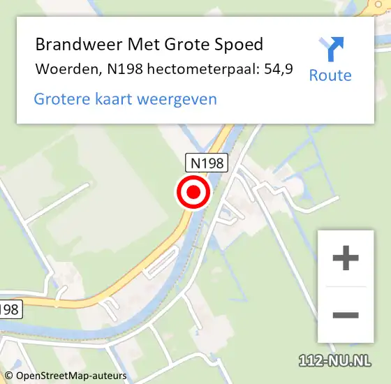 Locatie op kaart van de 112 melding: Brandweer Met Grote Spoed Naar Woerden, N198 hectometerpaal: 54,9 op 22 november 2024 23:26