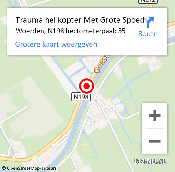 Locatie op kaart van de 112 melding: Trauma helikopter Met Grote Spoed Naar Woerden, N198 hectometerpaal: 55 op 22 november 2024 23:36