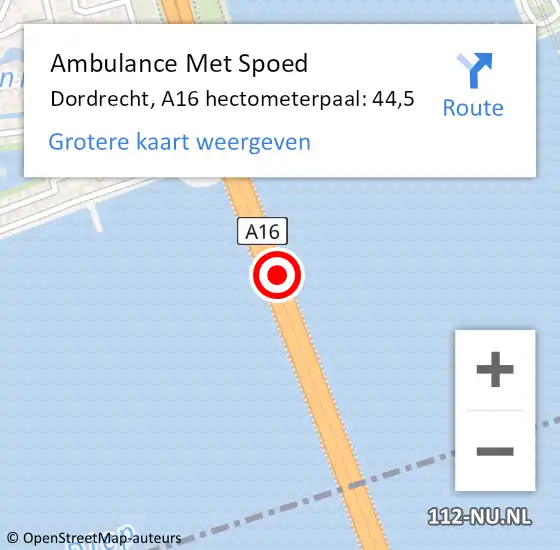 Locatie op kaart van de 112 melding: Ambulance Met Spoed Naar Hoeksche Waard, A16 hectometerpaal: 44,5 op 23 november 2024 01:09